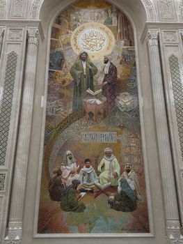 Intricate Islamic mosaic artwork showcasing scholars in a historical setting, Tashkent.