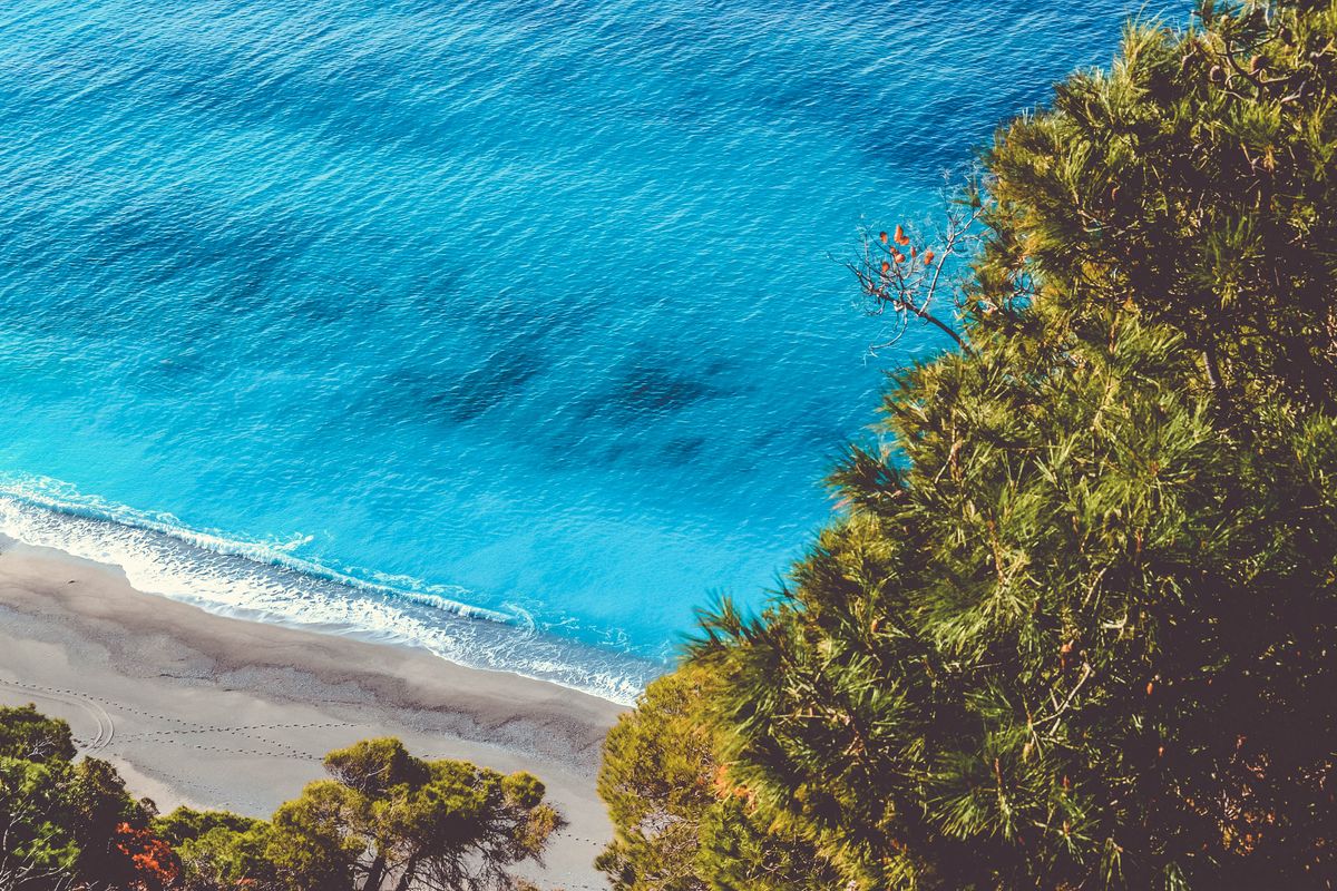 Apa turcoaz, plaja si vegetatie densa, vazute din aer
