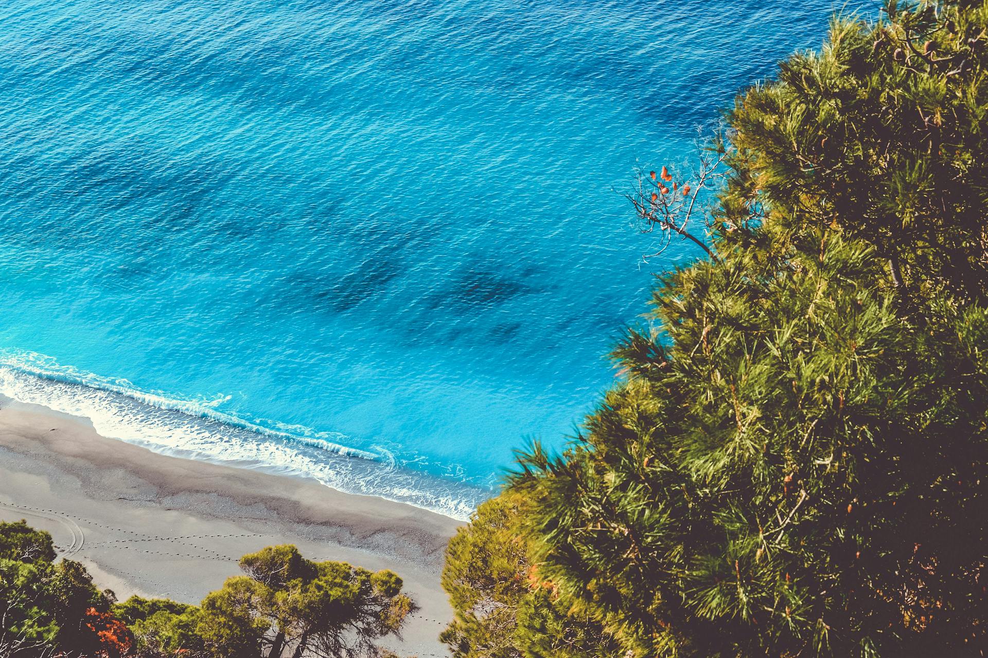 Vibrant aerial capture of Lefkada's turquoise waters and sandy beach surrounded by lush greenery.