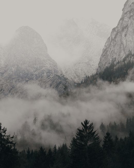 Misty mountain landscape with dense fog covering the Alpine peaks.