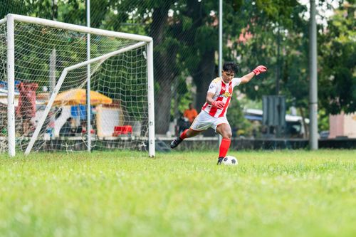 Free An adult male soccer player in action, kicking a ball on a grassy field near the goal post. Stock Photo