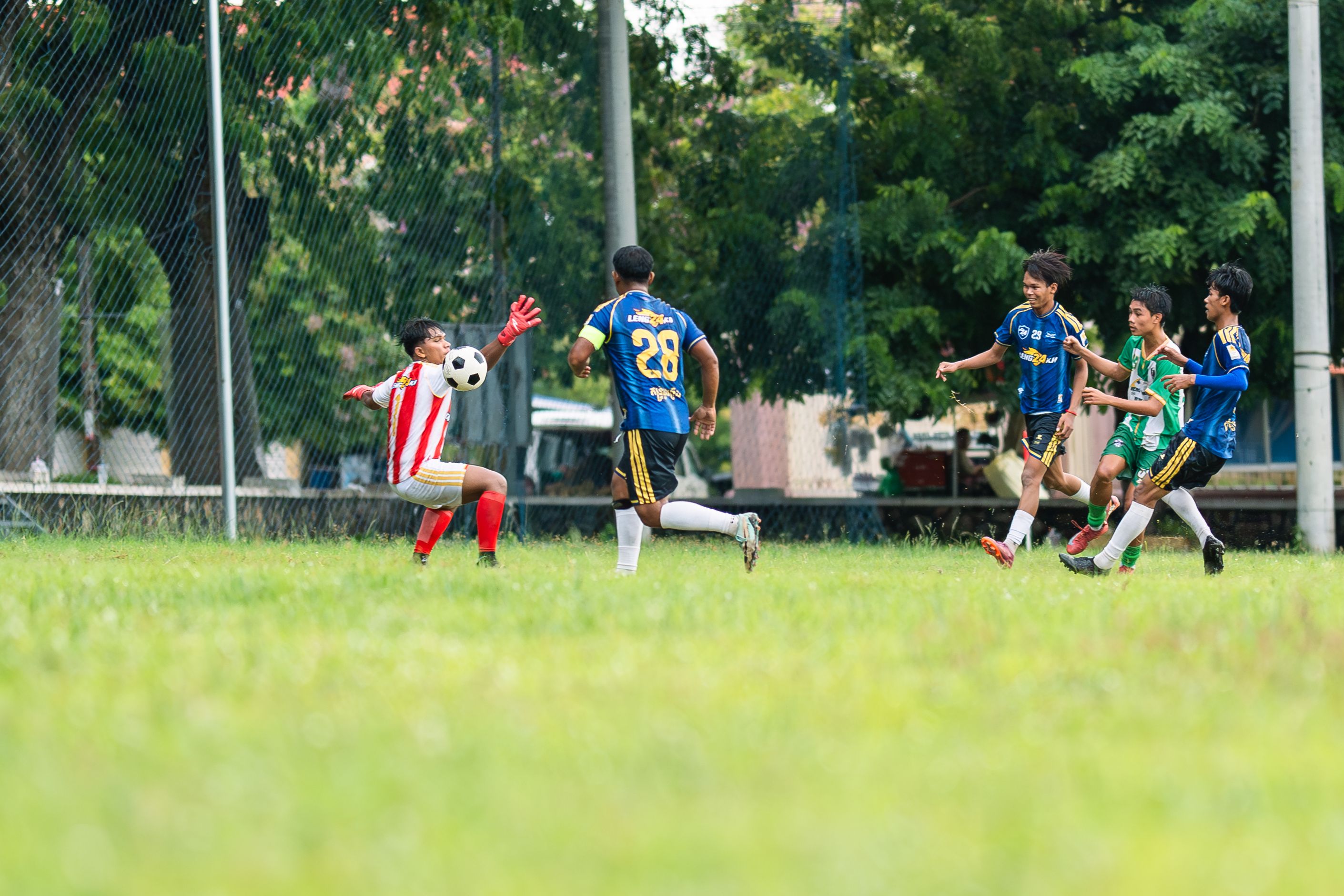 Action-packed youth soccer game with goalie and players in dynamic pursuit of the ball.