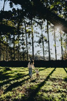 A mother and child walk hand in hand through a sunlit forest in Maringá, Brazil.