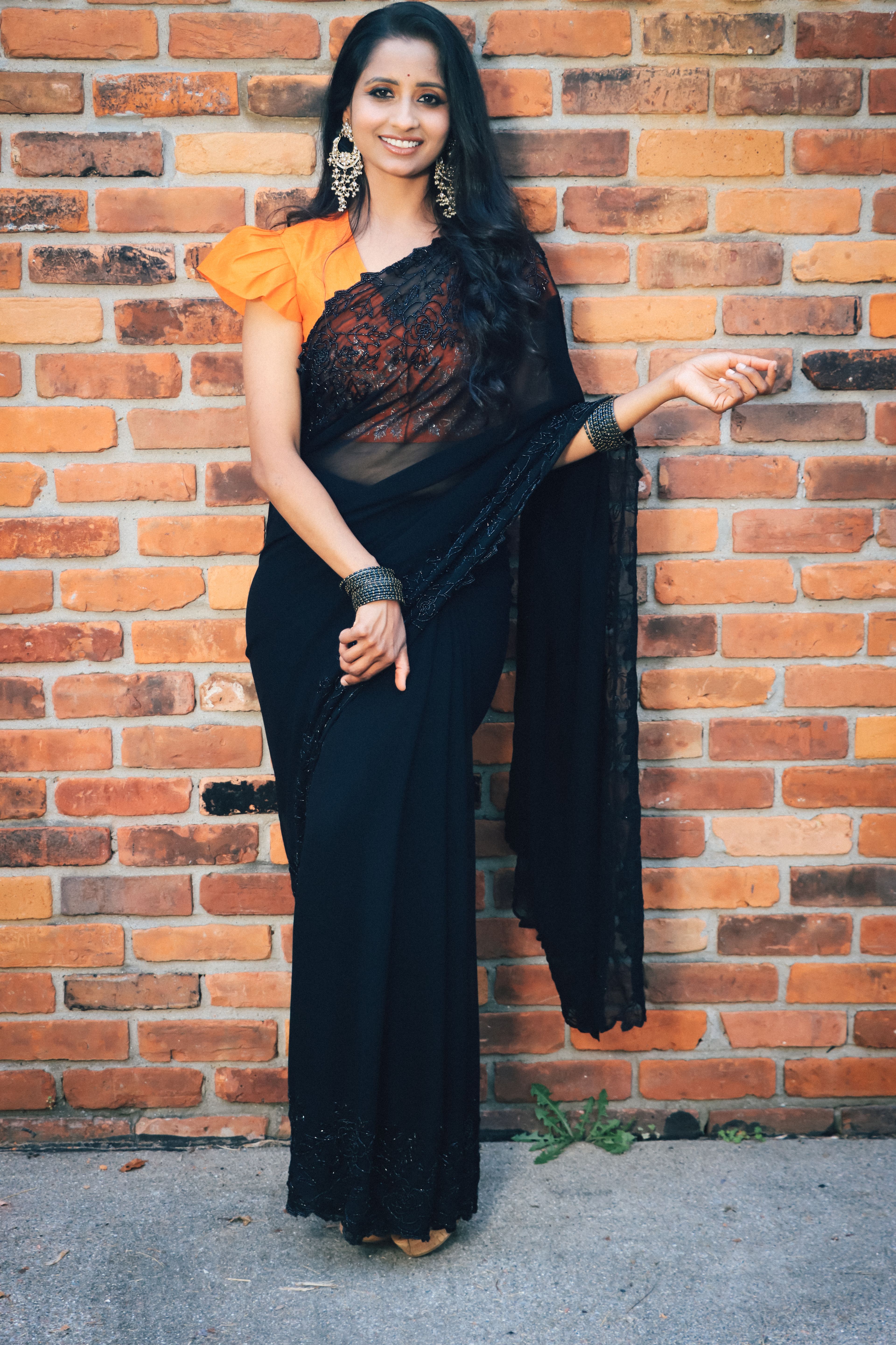 Black Georgette Party Saree — Black