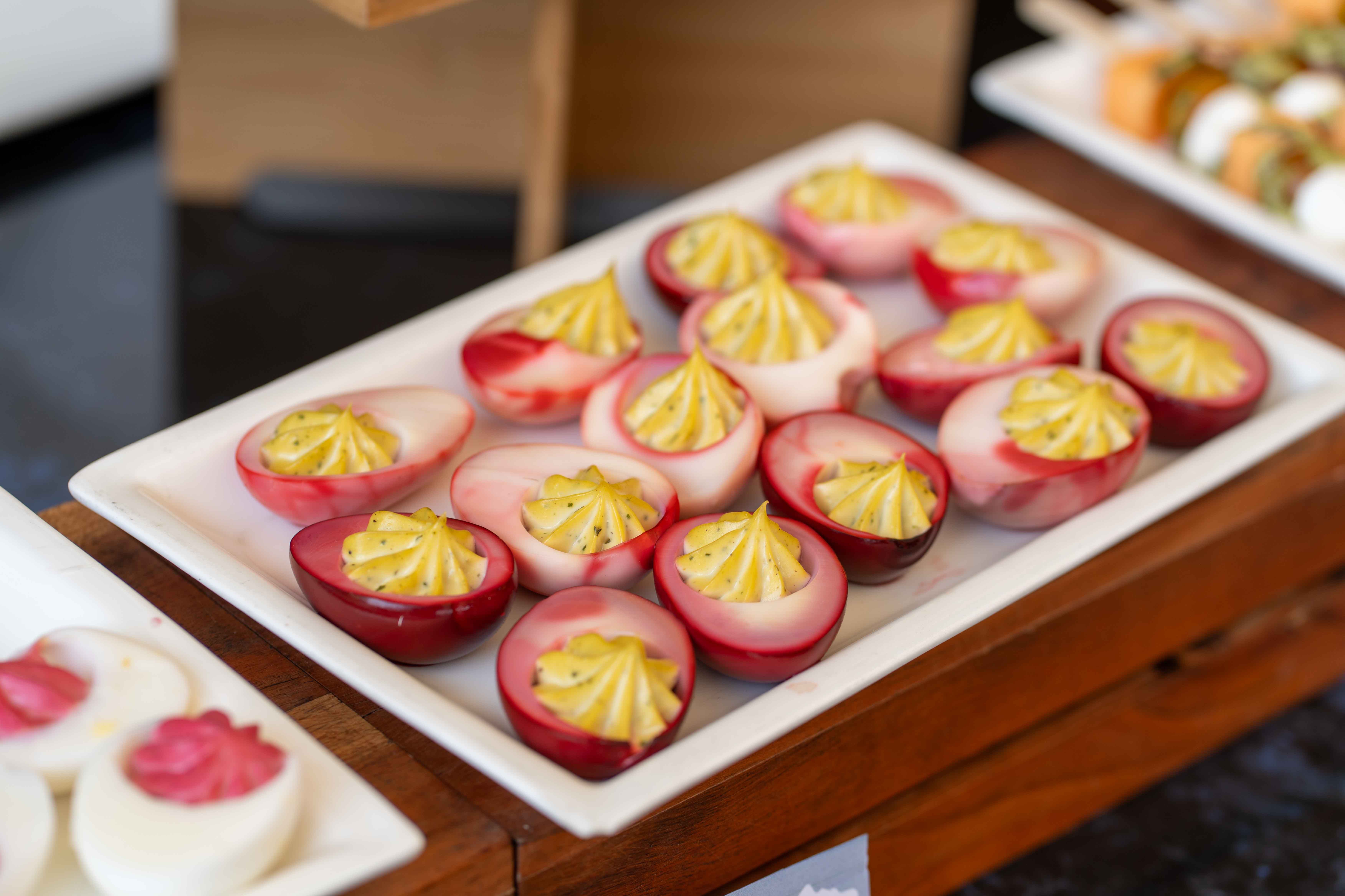 Deviled eggs arranged on a serving tray