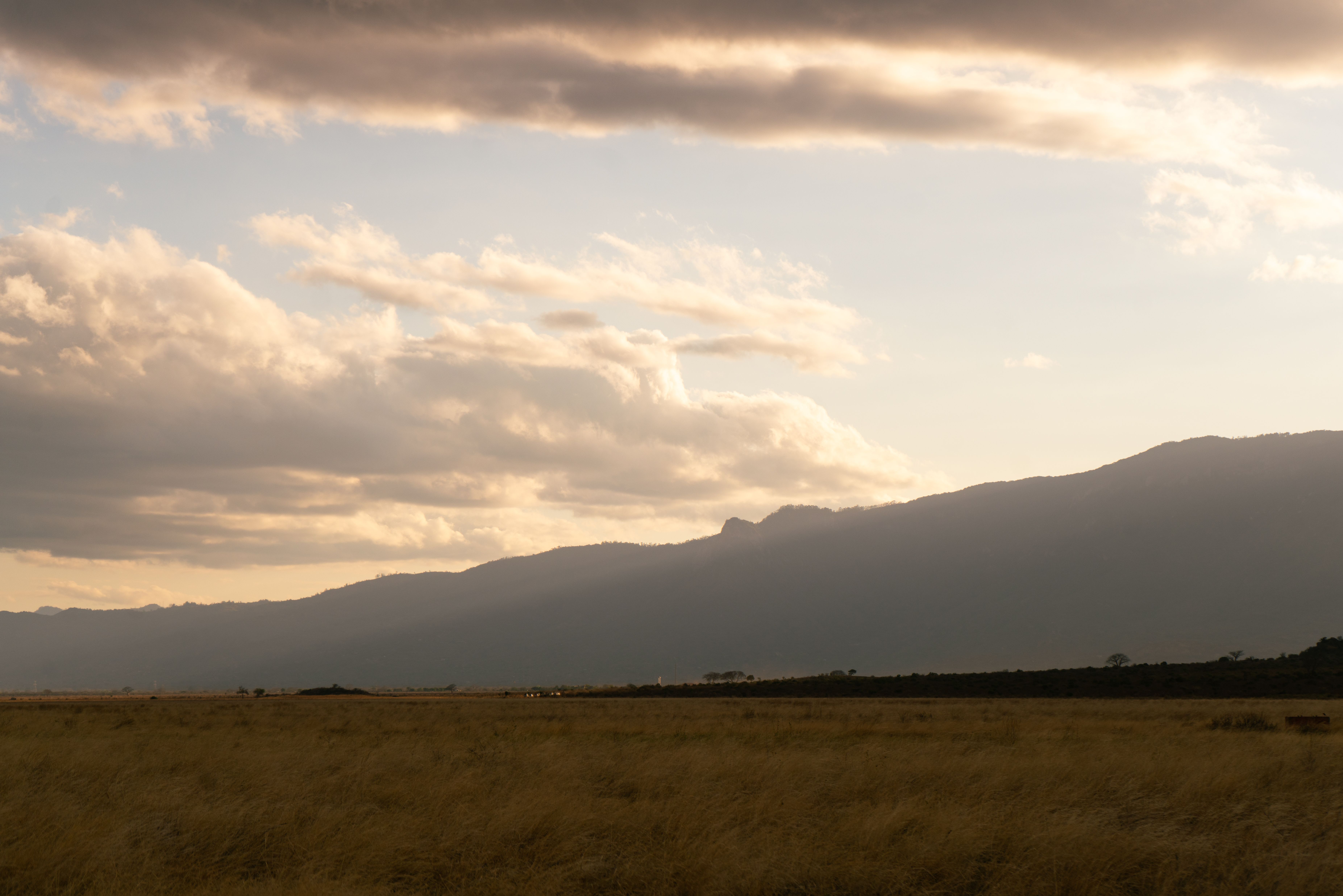 A peaceful view of the Kenyan savanna with picturesque mountains and cloudy skies at sunset.