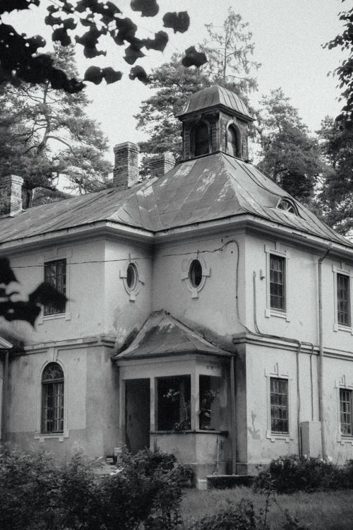 Free A black and white photo of an old, abandoned mansion surrounded by trees. Stock Photo