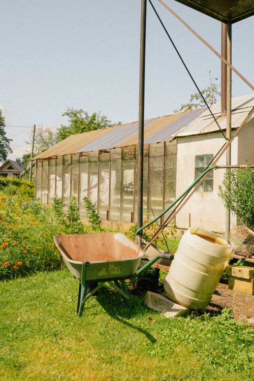 Free A serene greenhouse scene with a wheelbarrow and water tank in a lush garden setting. Stock Photo