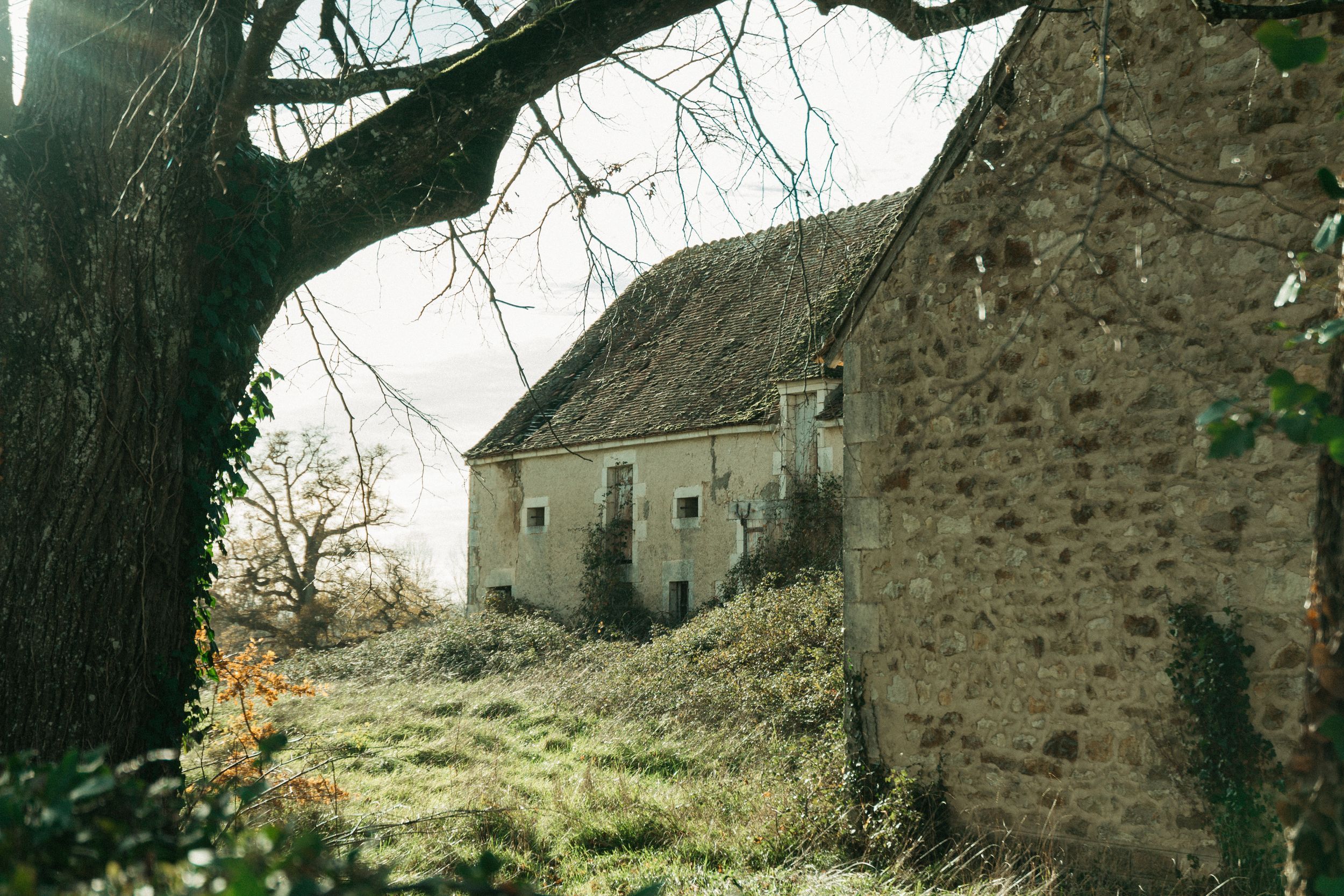 Abandoned stone building in winter, La Berthenoux, France, surrounded by bare trees and overgrown grass.