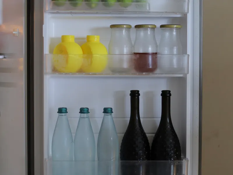 Open refrigerator with chilled bottles and drinks that need ice from a working ice maker Open refrigerator with chilled bottles and drinks that need ice from a working ice maker