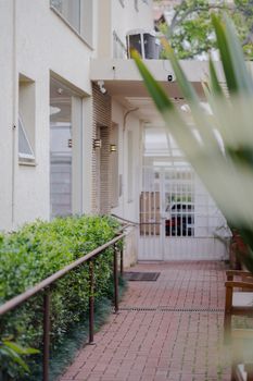 A serene courtyard featuring lush greenery along a paved pathway leading to a building entrance.