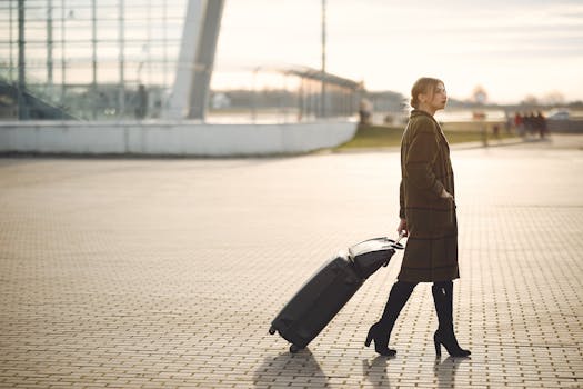 Side view of full length young female traveler in trendy plaid brown coat and high boots with suitcase walking on pavement near modern building on city street in morning