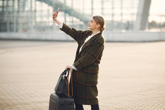 A young woman in a plaid coat takes a selfie at an airport with her luggage, embracing the travel lifestyle.