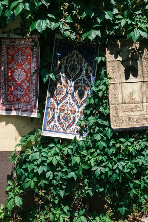 Free Colorful tapestries adorned on a green ivy wall in sunlight, showcasing intricate ethnic patterns. Stock Photo