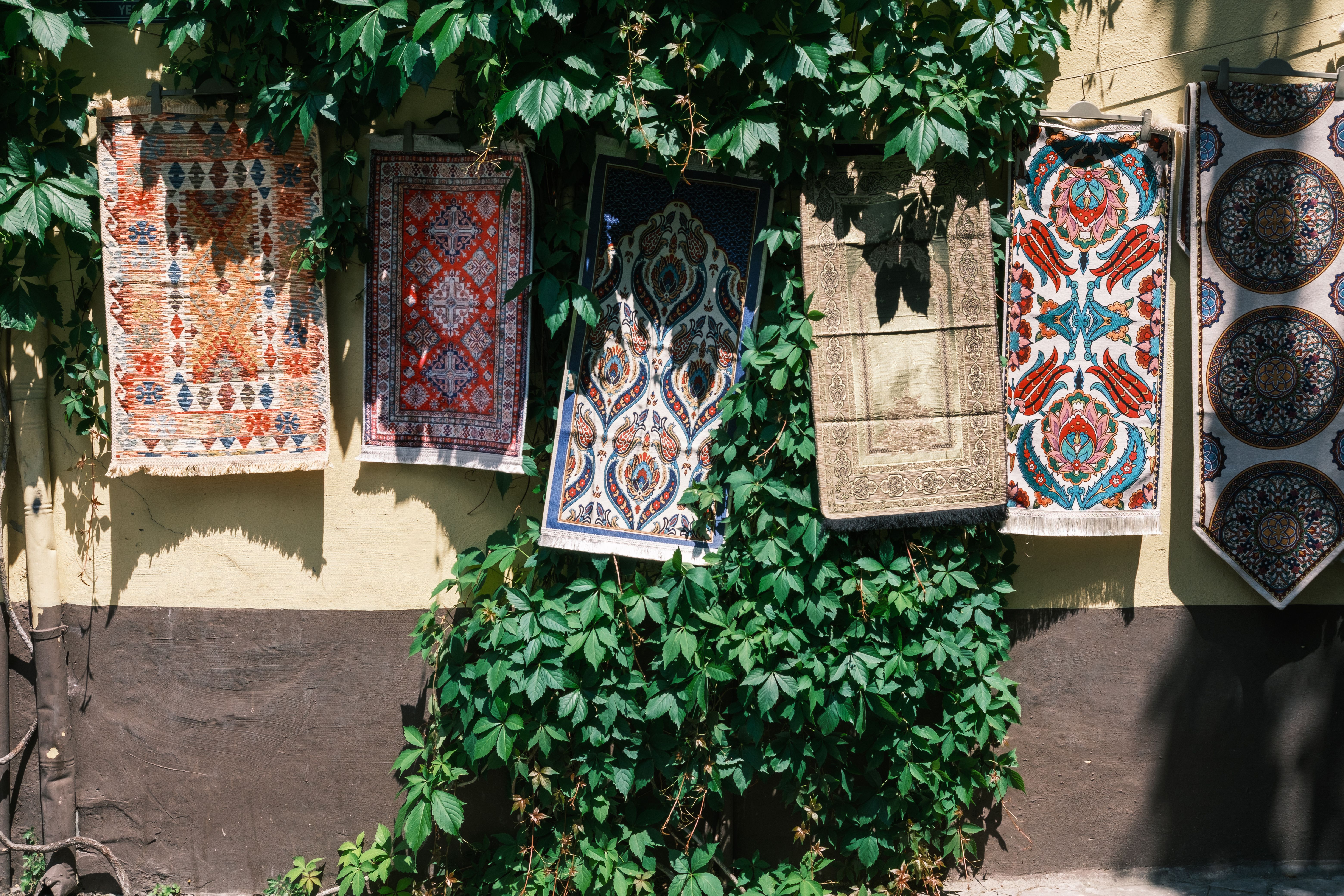 Colorful tapestries with intricate designs hanging on a wall amidst green vines, capturing a vibrant summer day.