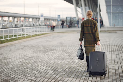 Elegant woman walking with luggage outdoors, symbolizing modern travel and exploration.