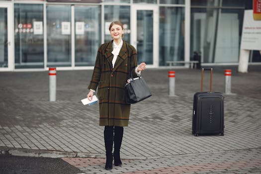 Fashionable woman with luggage arrives at airport ready for travel.