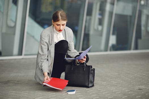 Distracted female manager in trendy wear collecting scattered documents and passport from sidewalk into briefcase near glass wall of modern building