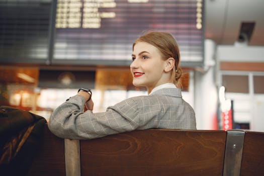 A cheerful young woman sitting in an airport terminal looking away, waiting for departure.