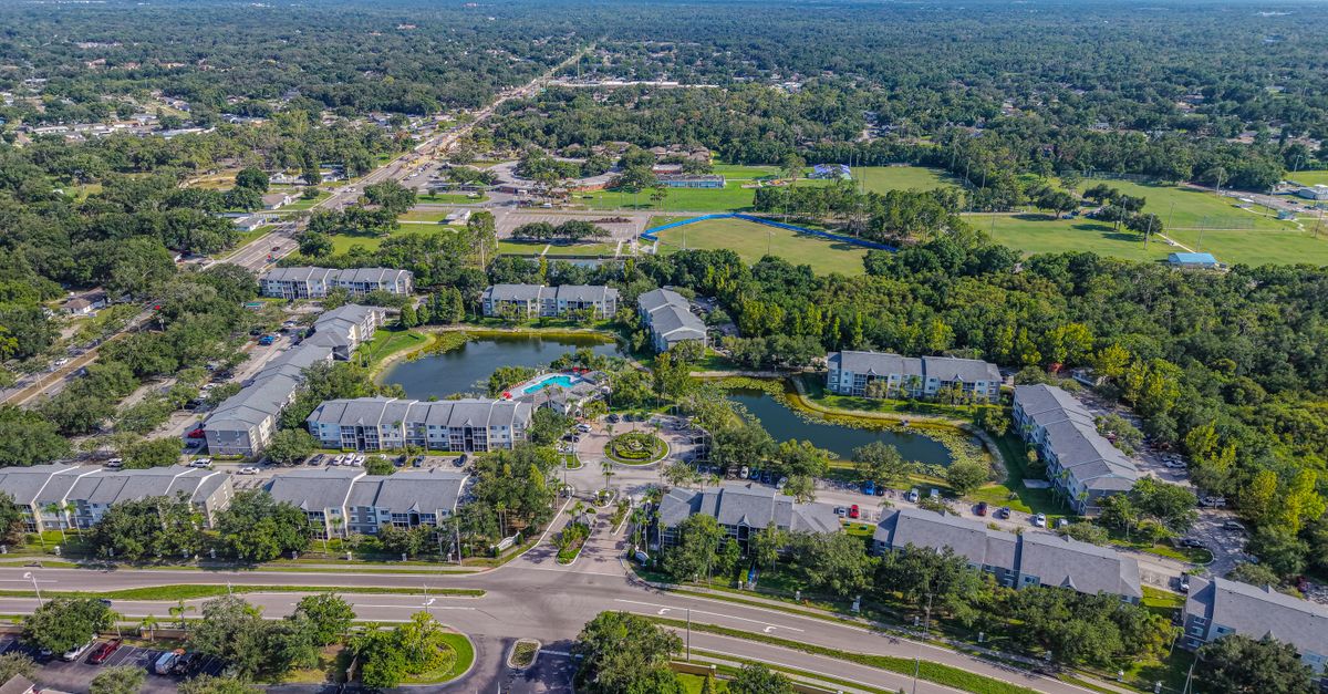Aerial shot of a residential community with lush greenery in Brandon, Florida, USA.