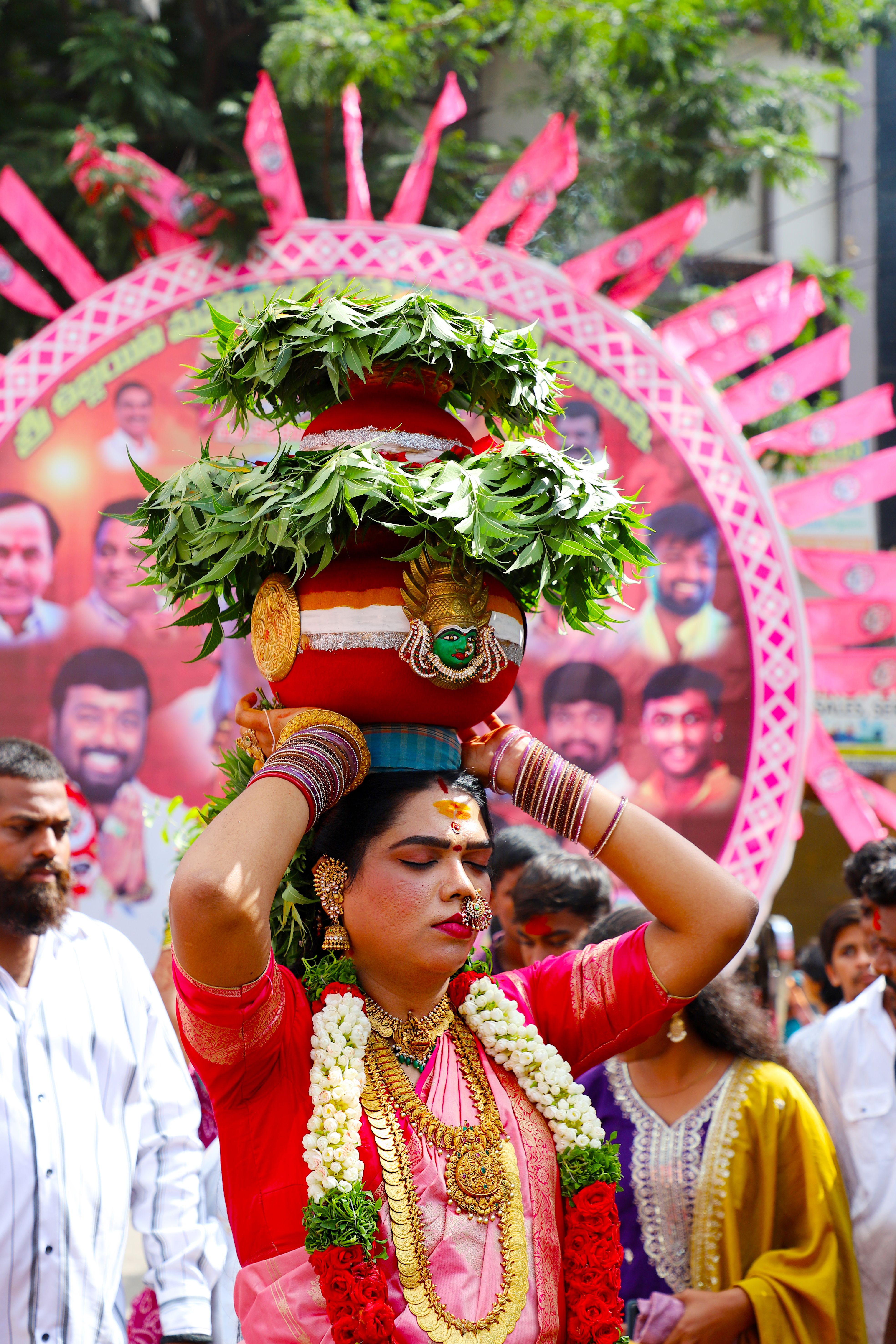 Vibrant Indian festival with traditional attire and offerings during a cultural parade.