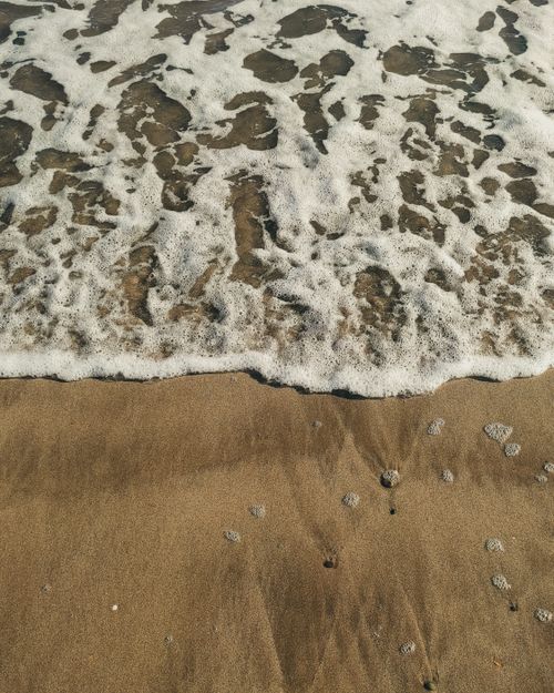 Free Close-up of ocean waves meeting a sandy beach under sunlight, capturing the essence of tranquility and nature's beauty. Stock Photo