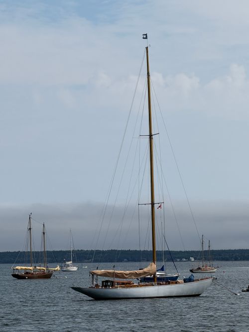 Free Sailboats gracefully anchored in the serene waters of Lunenburg Harbor, Nova Scotia, Canada. Stock Photo