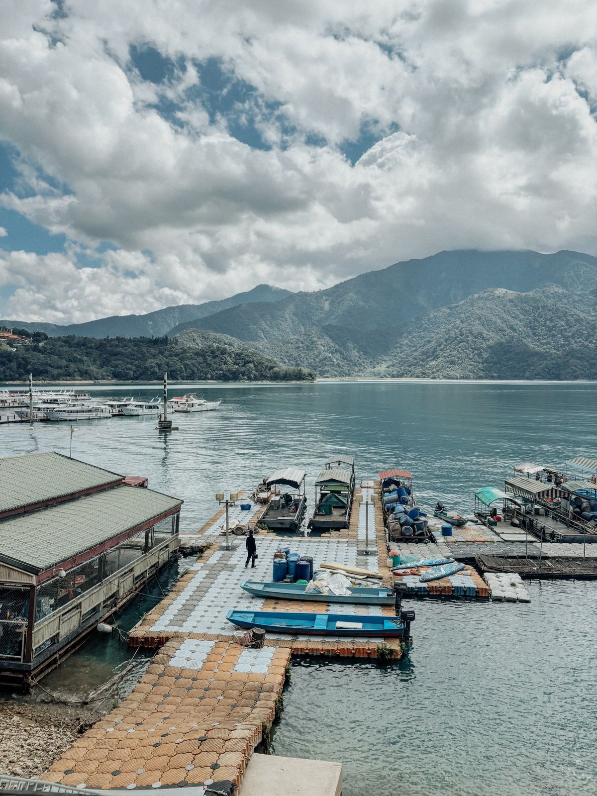Boats moored at Sun Moon Lake with wooded mountains behind
