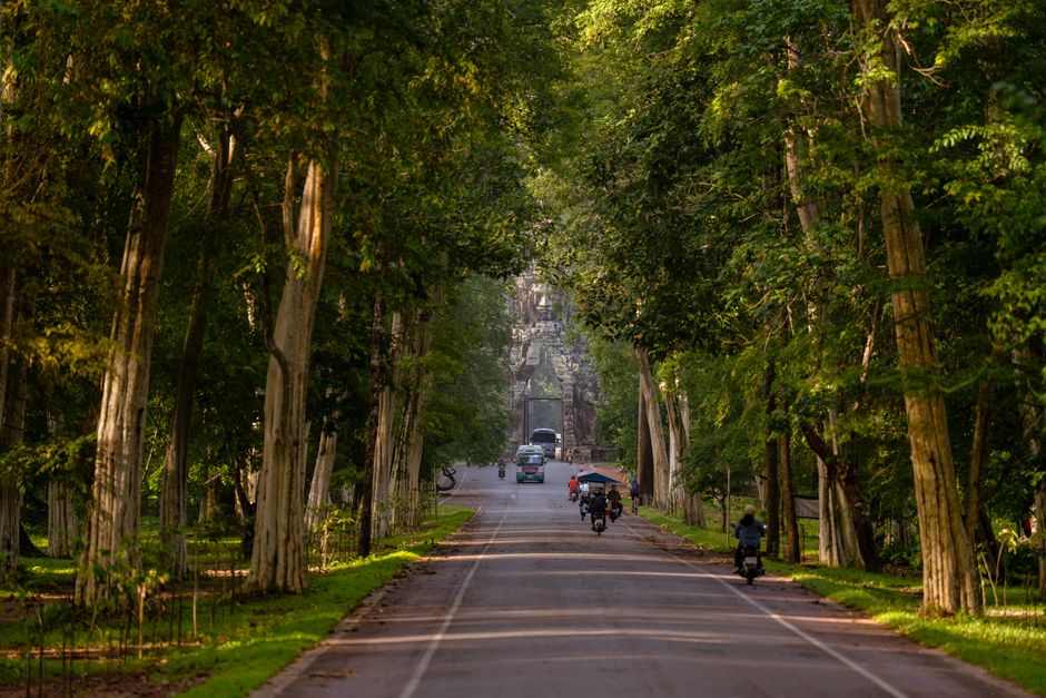 Travelers using smartphones in Siem Reap, Cambodia