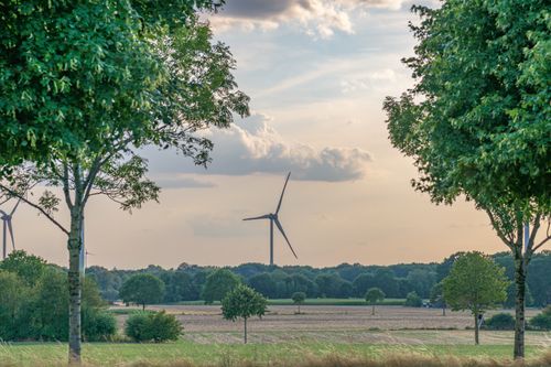 Free Captivating view of wind turbines amidst lush fields and trees in Coesfeld, Germany at sunset. Stock Photo