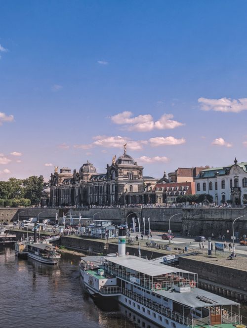 Free Stunning baroque architecture along Dresden's Elbe river, showcasing historic cityscape charm. Stock Photo