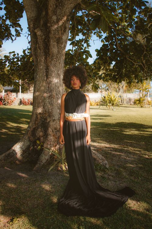 Free Stylish woman in a black gown stands gracefully by a tree in Rio de Janeiro. Stock Photo