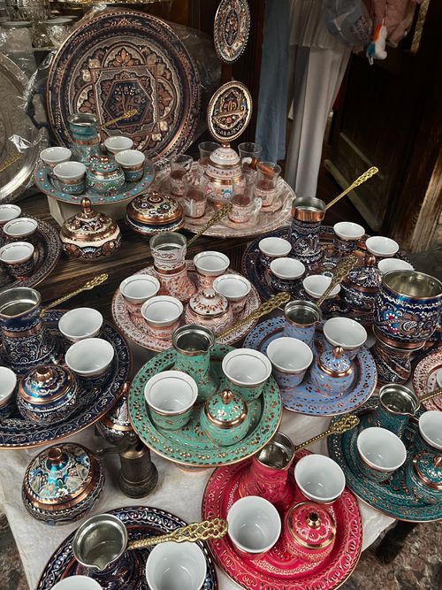Free A vibrant collection of traditional Bosnian ceramics and pottery on display in a Sarajevo market. Stock Photo