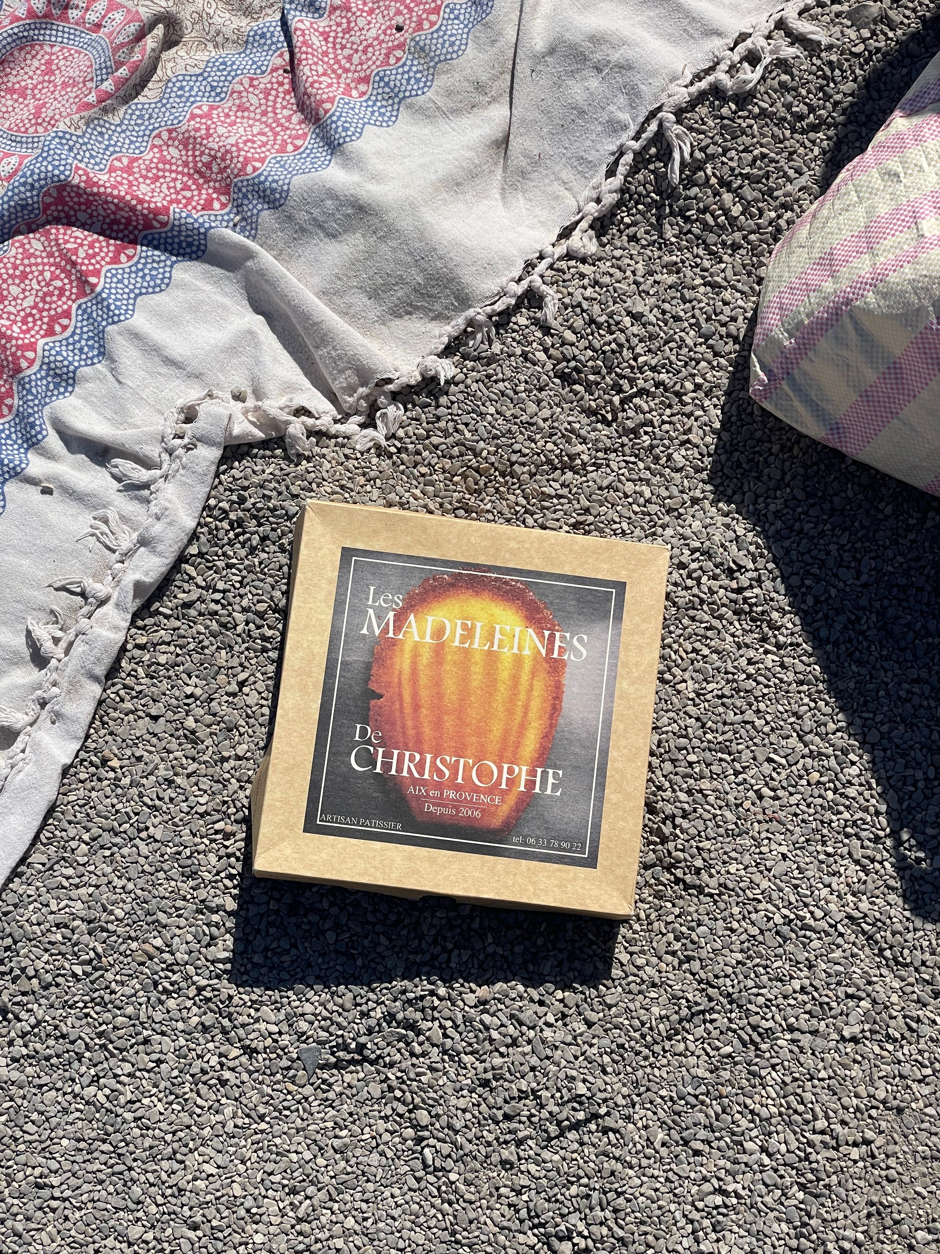 A cozy outdoor picnic scene featuring a box of Les Madeleines by Christophe on a textured blanket.