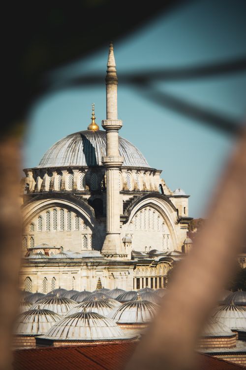 Free Captivating view of a historic mosque dome framed by trees, under a blue sky. Stock Photo