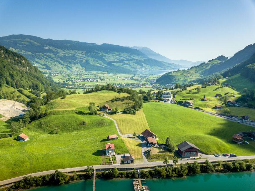 Amazing Helicopter Flight with a Stop at Villa Honegg for Lunch Review Review 2026 - A breathtaking aerial view of the lush Swiss countryside, featuring hills and houses under a clear blue sky.