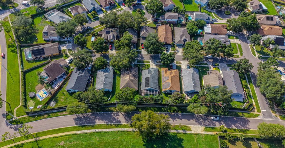 Explore a vibrant aerial view of a suburban neighborhood in Florida, USA.