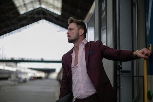 A confident man in a suit leaving a train, standing at the station platform.