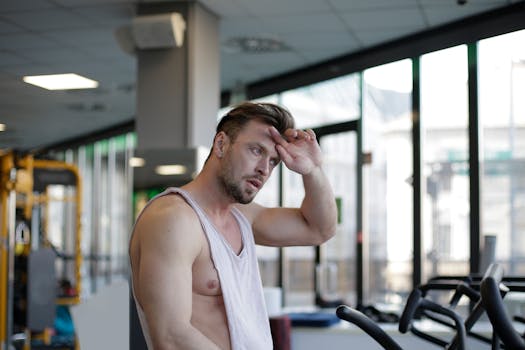 A fit man wipes sweat in a modern gym, showcasing strength and resilience after a workout.