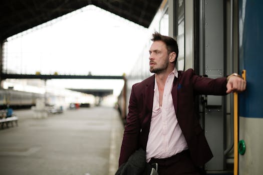 A stylish businessman in a suit standing by a train at an urban terminal, looking into the distance.