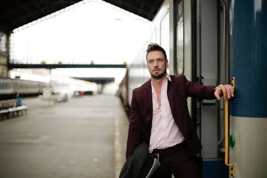 Well-dressed man in a suit waits at a railway station platform, conveying a sense of journey and travel.