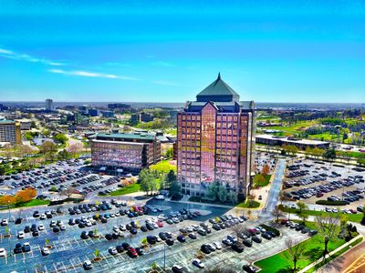 Aerial view of modern office tower in Overland Park, Kansas