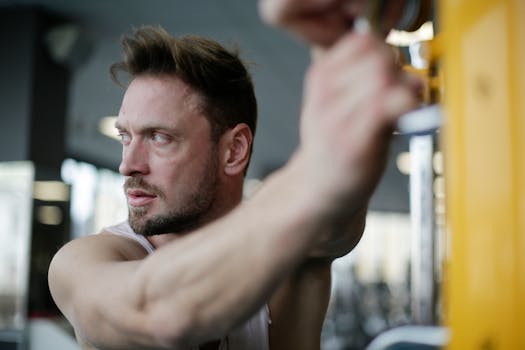 A focused male athlete working out on gym equipment, showcasing strength and concentration.