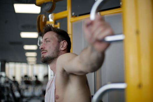 Muscular man exercising on gym equipment, demonstrating strength and focus in a fitness environment.