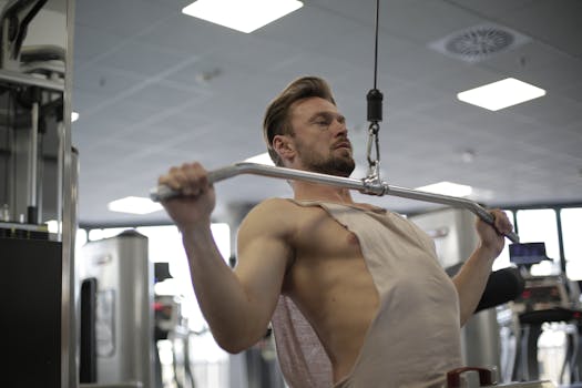 Focused man doing lat pulldown exercise in a modern gym setting.