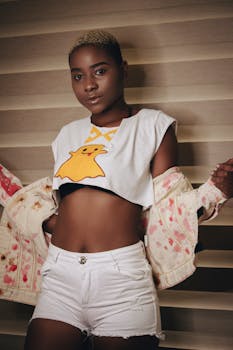 Confident young woman posing in a stylish casual outfit with a playful expression indoors.