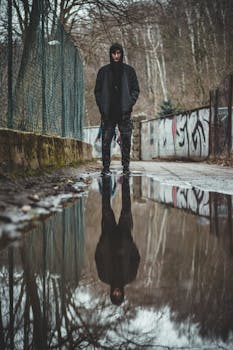 A man stands in an urban alley, reflected in a large puddle, creating a moody atmosphere.