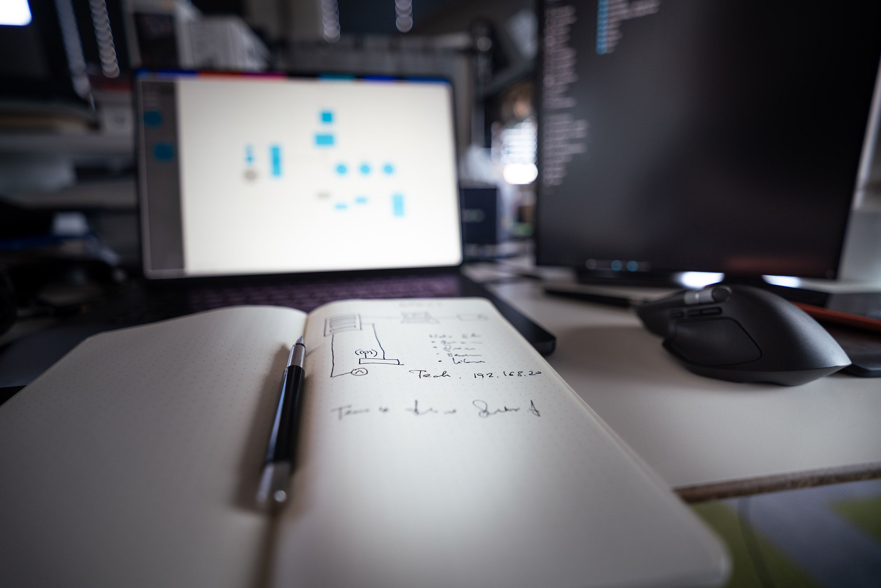 Open notebook with annotated diagrams and handwritten notes on a desk