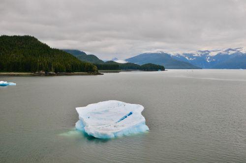 Free A serene view of a large iceberg floating in an Alaskan fjord with mountainous forested landscapes. Stock Photo