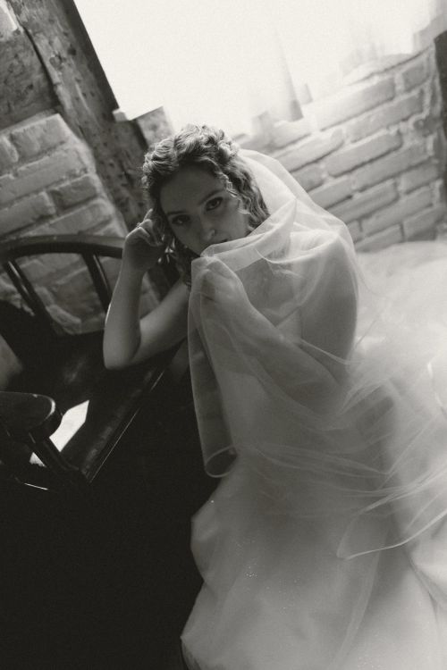 Free Captivating black and white bridal portrait with soft light and vintage charm. Stock Photo